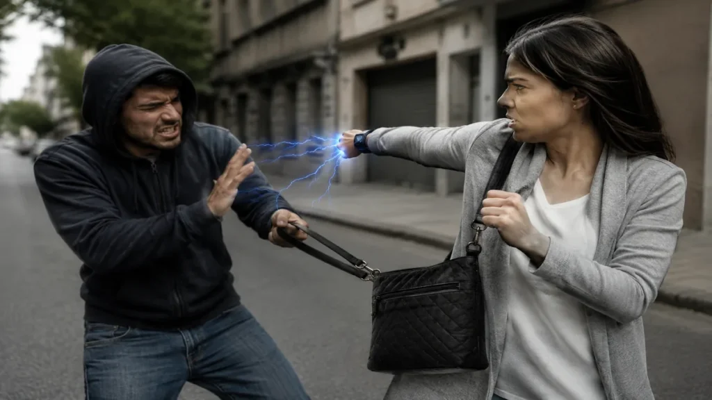 Persona utilizando Shockbag para evitar el robo de un bolso mediante descarga eléctrica